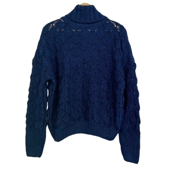 NEW FRNCH Bubble Stitch Open Knit Oversized Turtleneck Sweater Navy Blue - Picture 4 of 4